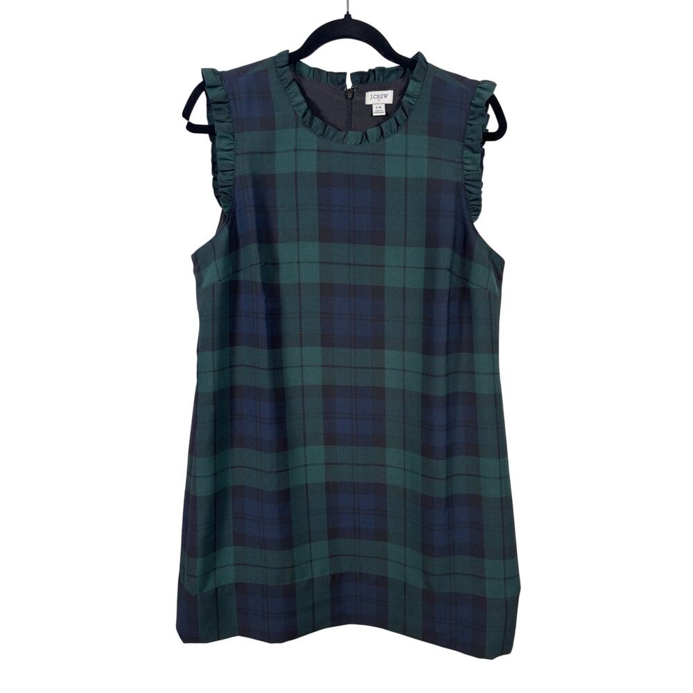 J. Crew Dress Womens 14 Green Black Watch Plaid Ruffleneck Shift Mini HEMMED